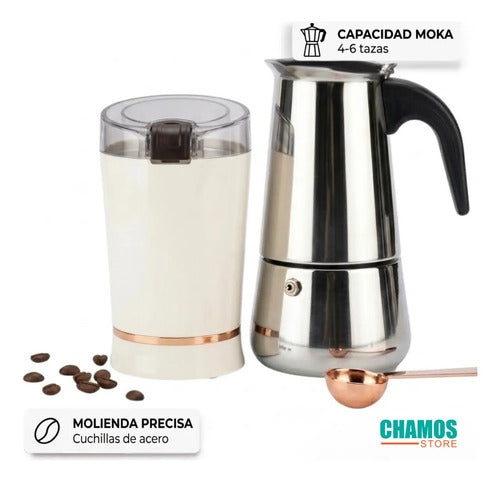 Molino Moledor Cafe Electrico + Cafetera Italiana 6 Tazas Café De Especialidad Set De Café Diseño Premium Combo Cafetera Y Molinillo Set Cafetera Italiana Y Moledor