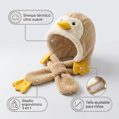 Gorro Cálido Sherpa Niño Niña Pato Colores Frío Invierno Beige Un Lisa