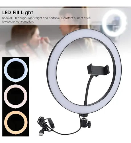 Aro De Luz 20cm Led Con Soporte Para Celular Sin Tripode Negro