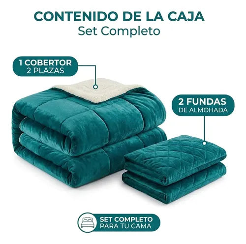Cobertor Cubrecama Sherpa Chiporro Peludo Invierno 2.5 Plaza Verde Liso