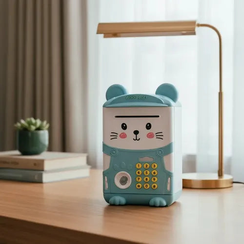 Alcancia Gatito Ahorro Electrónica Sonido Y Contraseña Gatito Celeste