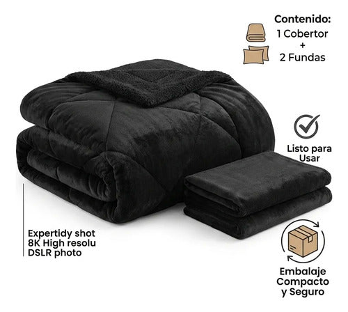 Cobertor Cubrecama Sherpa Chiporro Peludo Invierno 2.5 Plaza Negro Liso
