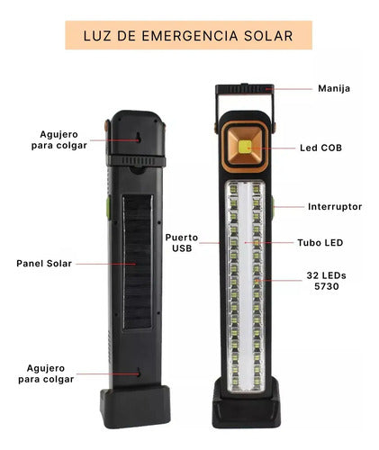 Luz De Emergencia Solar 39 Led + Tubo Led + Power Bank Negro