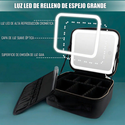 Cosmetiquero Con Espejo Y Luz Led Para Maquillaje, De Negro