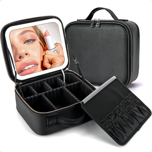Cosmetiquero Con Espejo Y Luz Led Para Maquillaje, De Negro