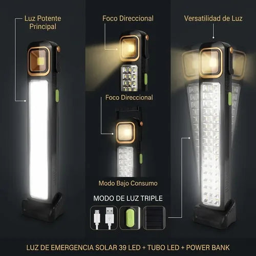 Luz De Emergencia Solar 39 Led Foco Solar + Power Bank Kit De Emergencia Lampara Led Seguridad Con Carga Solar