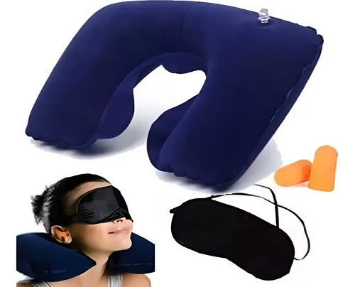 Kit De Viaje Almohada Tapones Para Oídos Y Antifaz Azul