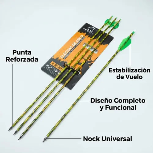 Pack 3 Flechas Fibra De Carbono 80cm Camufladas Punta Inox Verde