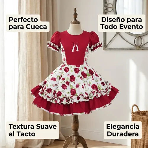 Vestido Huasa Chinita Cueca Burdeo Floreado Fiestas Patrias Burdeo Floreado 13-14