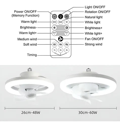 Lámpara Ampolleta Ventilador Led 360 ° E27 Con Control Blanco