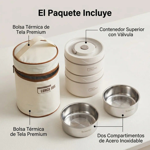 Lonchera Fiambrera Bento Térmica Contenedor Acero Inoxidable Beige