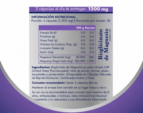Bisglicinato De Magnesio Grado Usp 1200 Mg Vital & Young 60 Cápsulas. Pack 2 Frascos. Para 2 Meses De Consumo Sin Sabor