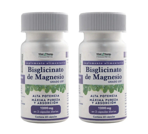 Bisglicinato De Magnesio Grado Usp 1200 Mg Vital & Young 60 Cápsulas. Pack 2 Frascos. Para 2 Meses De Consumo Sin Sabor