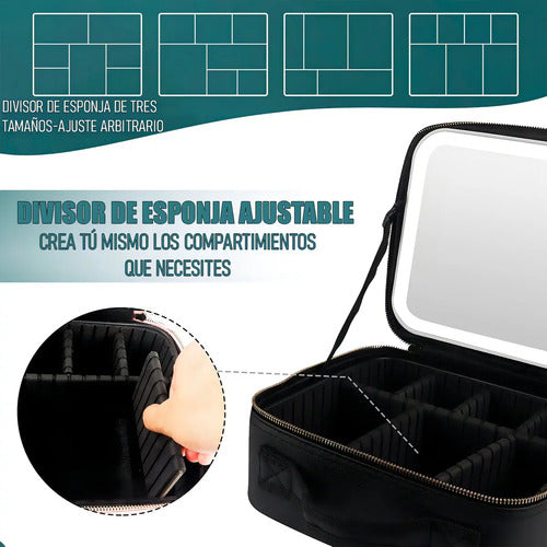 Cosmetiquero Con Espejo Y Luz Led Para Maquillaje, De Negro