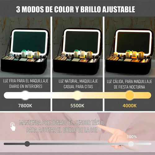 Cosmetiquero Con Espejo Y Luz Led Para Maquillaje, De Negro