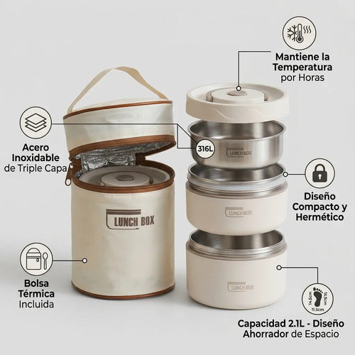 Lonchera Fiambrera Bento Térmica Contenedor Acero Inoxidable Beige