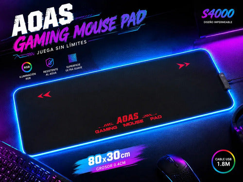 Mousepad Gamer Xl Aoas S4000 Rgb Antideslizante 80x30cm Negro Impermeable Led