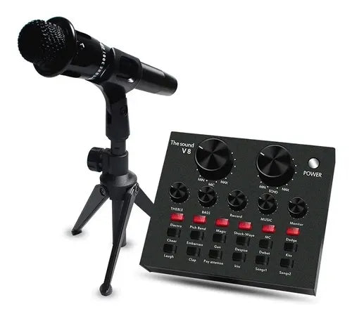 Microfono Con Tarjeta De Sonido V8 Bluetooth Y Audifonos Negro