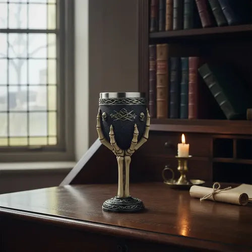 Copa Gótica Para Vino Vaso De Diseño De Mano De Esqueleto Negro Con Dorado