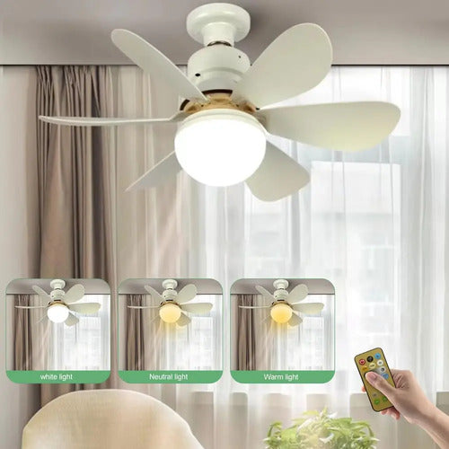 Ventilador De Techo Con Luz Led E27 Silencioso Control Blanco Plástico 5