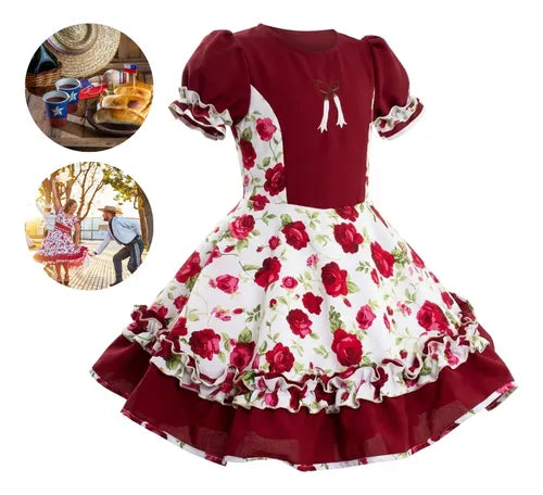 Vestido Huasa Chinita Cueca Burdeo Floreado Fiestas Patrias Burdeo Floreado 13-14