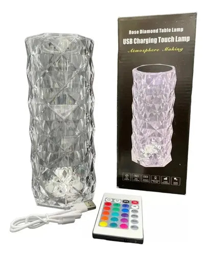 Lampara De Cristal Figura Rosa Touch Mesa Noche Recargable Blanco