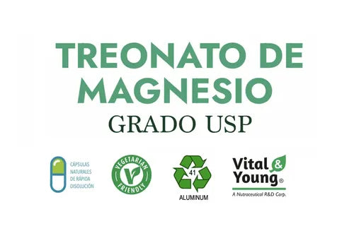 Treonato De Magnesio Grado Usp Y Ph Neutro. Frasco 90 Cáps. Vital & Young. Entrega 1.215 Mg Porción Diaria Sin Sabor