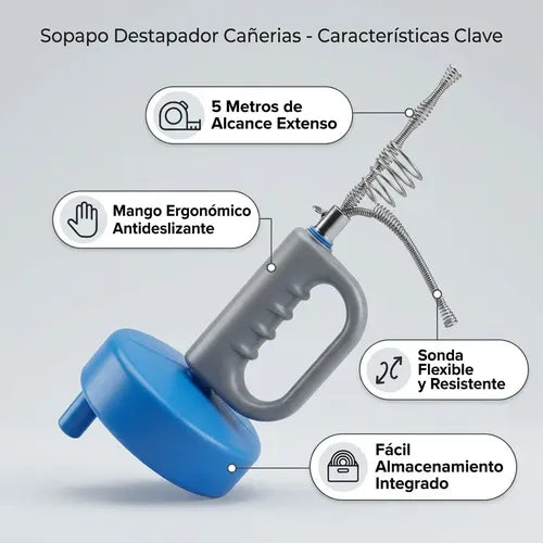 Sopapo Destapador Cañerías 5mts Gancho Serpiente Sonda