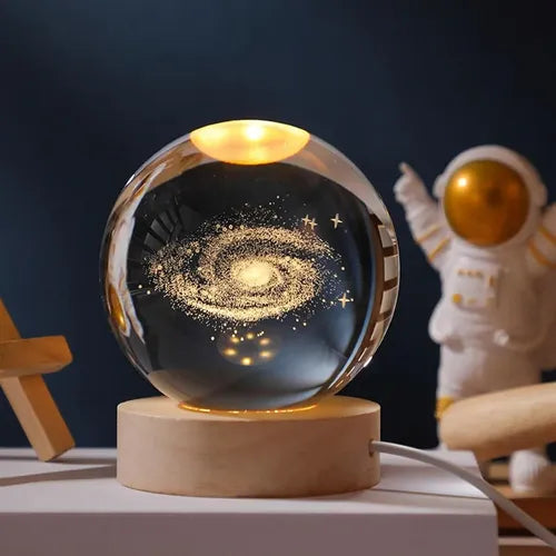 Lampara Mesa De Noche Bola De Cristal Planetaria Imagen 3d Madera