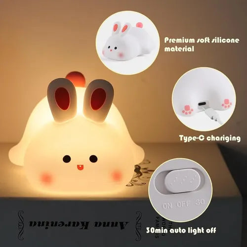 Lampara De Noche Conejo Suave Silicona Portátil Recargable Blanco