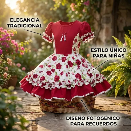Vestido Huasa Chinita Cueca Burdeo Floreado Fiestas Patrias Burdeo Floreado 13-14