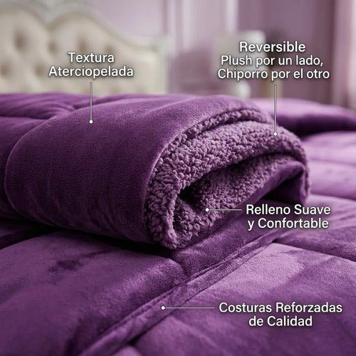 Cobertor Cubrecama Sherpa Chiporro Peludo Invierno 2.5 Plaza Violeta Oscuro Liso