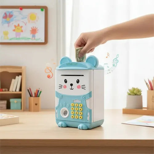 Alcancia Gatito Ahorro Electrónica Sonido Y Contraseña Gatito Celeste