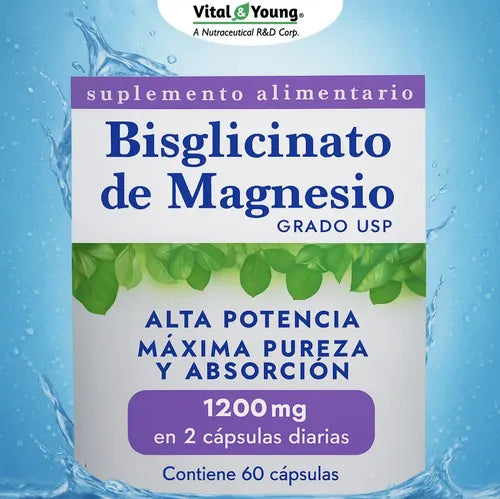 Bisglicinato De Magnesio Grado Usp 1200 Mg Vital & Young 60 Cápsulas. Pack 2 Frascos. Para 2 Meses De Consumo Sin Sabor