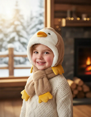 Gorro Cálido Sherpa Niño Niña Pato Colores Frío Invierno Beige Un Lisa