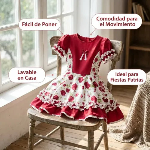 Vestido Huasa Chinita Cueca Burdeo Floreado Fiestas Patrias Burdeo Floreado M