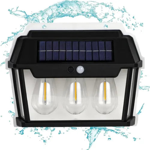 Farol Aplique Solar Triple Ampolleta Sensor De Movimiento Negro