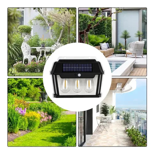 Farol Aplique Solar Triple Ampolleta Sensor De Movimiento Negro