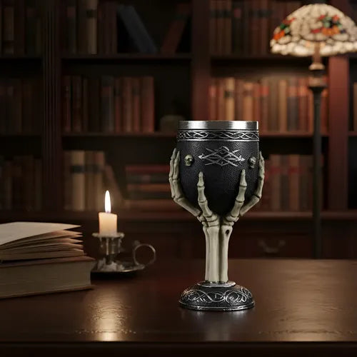 Copa Gótica Para Vino Vaso De Diseño De Mano De Esqueleto Negro Con Dorado