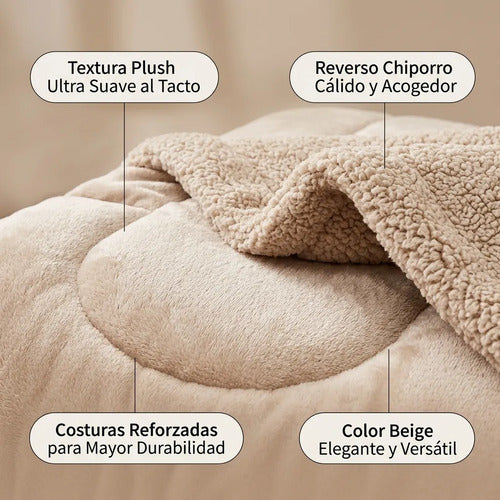 Cobertor Cubrecama Sherpa Chiporro Peludo Invierno 2.5 Plaza Beige Liso