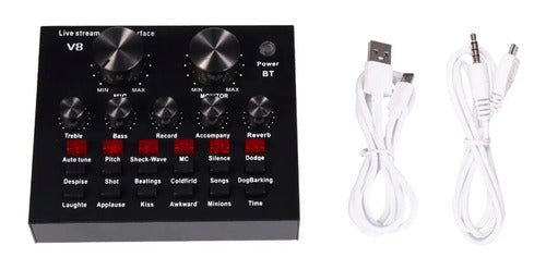 Microfono Con Tarjeta De Sonido V8 Bluetooth Y Audifonos Negro