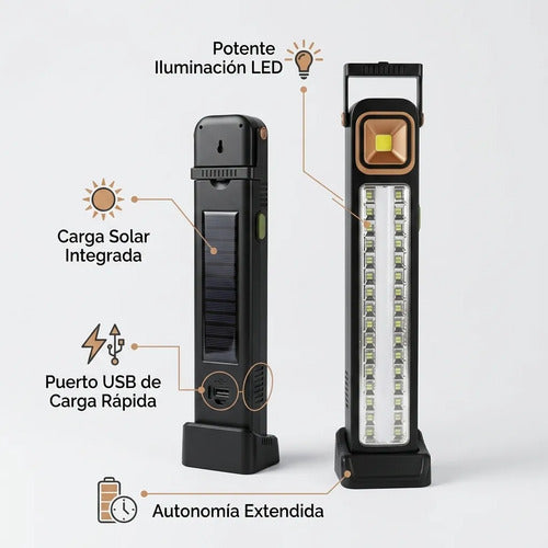 Luz Emergencia Recargable Panel Solar + Batería Portatil Negro