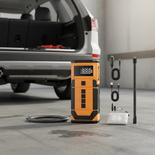 Compresor De Aire Y Arrancador De Batería 12000mah Naranja 50 Bifásica