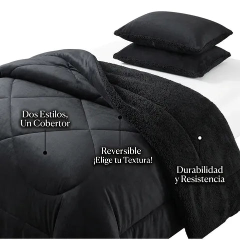 Cobertor Cubrecama Sherpa Chiporro Peludo Invierno 2.5 Plaza Negro Liso