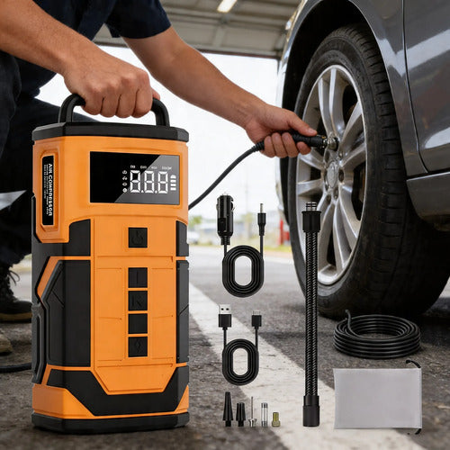 Compresor De Aire Y Arrancador De Batería 12000mah Naranja 50 Bifásica