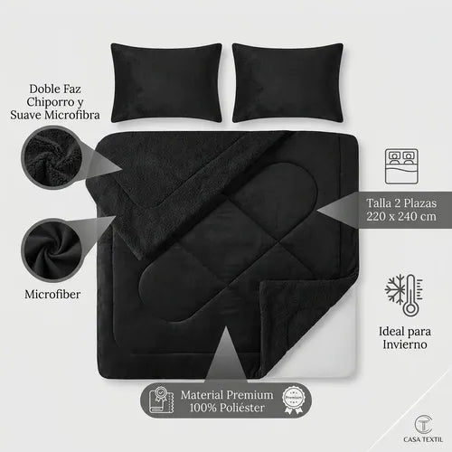 Cobertor Cubrecama Sherpa Chiporro Peludo Invierno 2.5 Plaza Negro Liso
