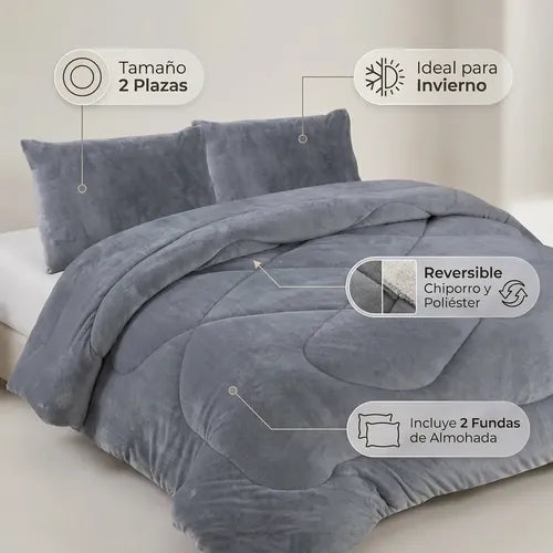 Cobertor Cubrecama Sherpa Chiporro Peludo Invierno 2.5 Plaza Gris Liso