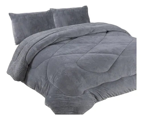 Cobertor Cubrecama Sherpa Chiporro Peludo Invierno 2.5 Plaza Gris Liso