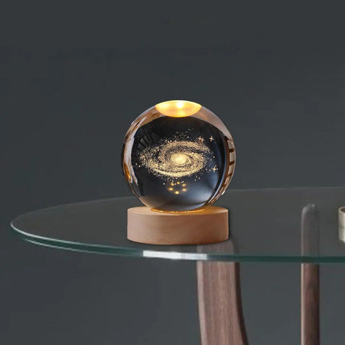 Lampara Mesa De Noche Bola De Cristal Planetaria Imagen 3d Madera
