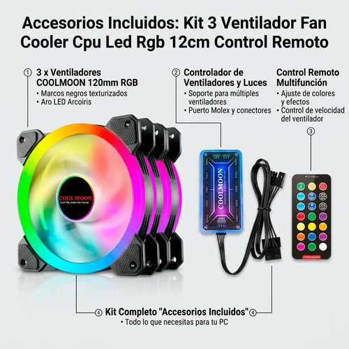 Kit 3 Ventilador Fan Cooler Cpu Led Rgb 12cm Control Remoto Negro
